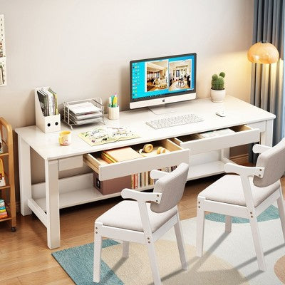 Drewniane biurko z 2 szufladami i krzesłami, białe