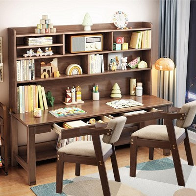 Drewniane biurko z nadstawką, szufladami i 2 krzesłami, brązowe