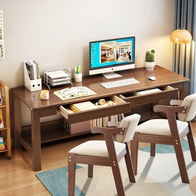 Drewniane biurko z 2 szufladami i krzesłami, brązowe