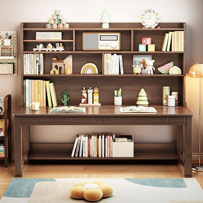 Solidne biurko z nadstawką i szufladami, brązowe drewno