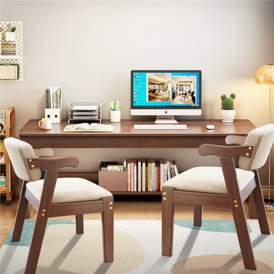 Drewniane biurko z 2 szufladami i krzesłami, brązowe