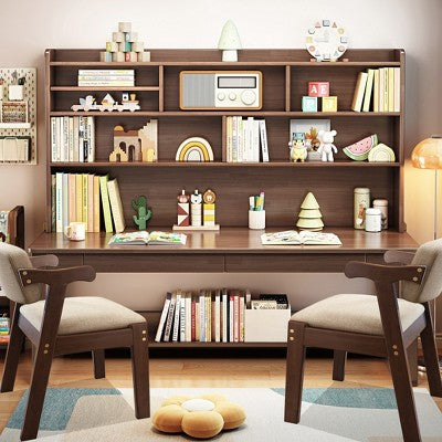 Drewniane biurko z nadstawką, szufladami i 2 krzesłami, brązowe