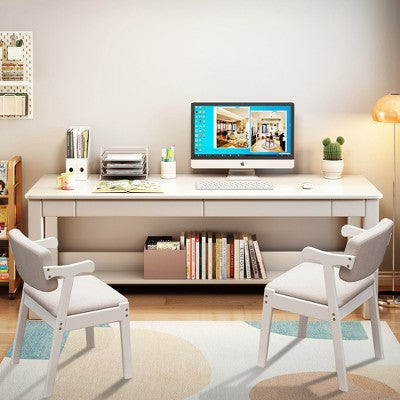 Drewniane biurko z 2 szufladami i krzesłami, białe